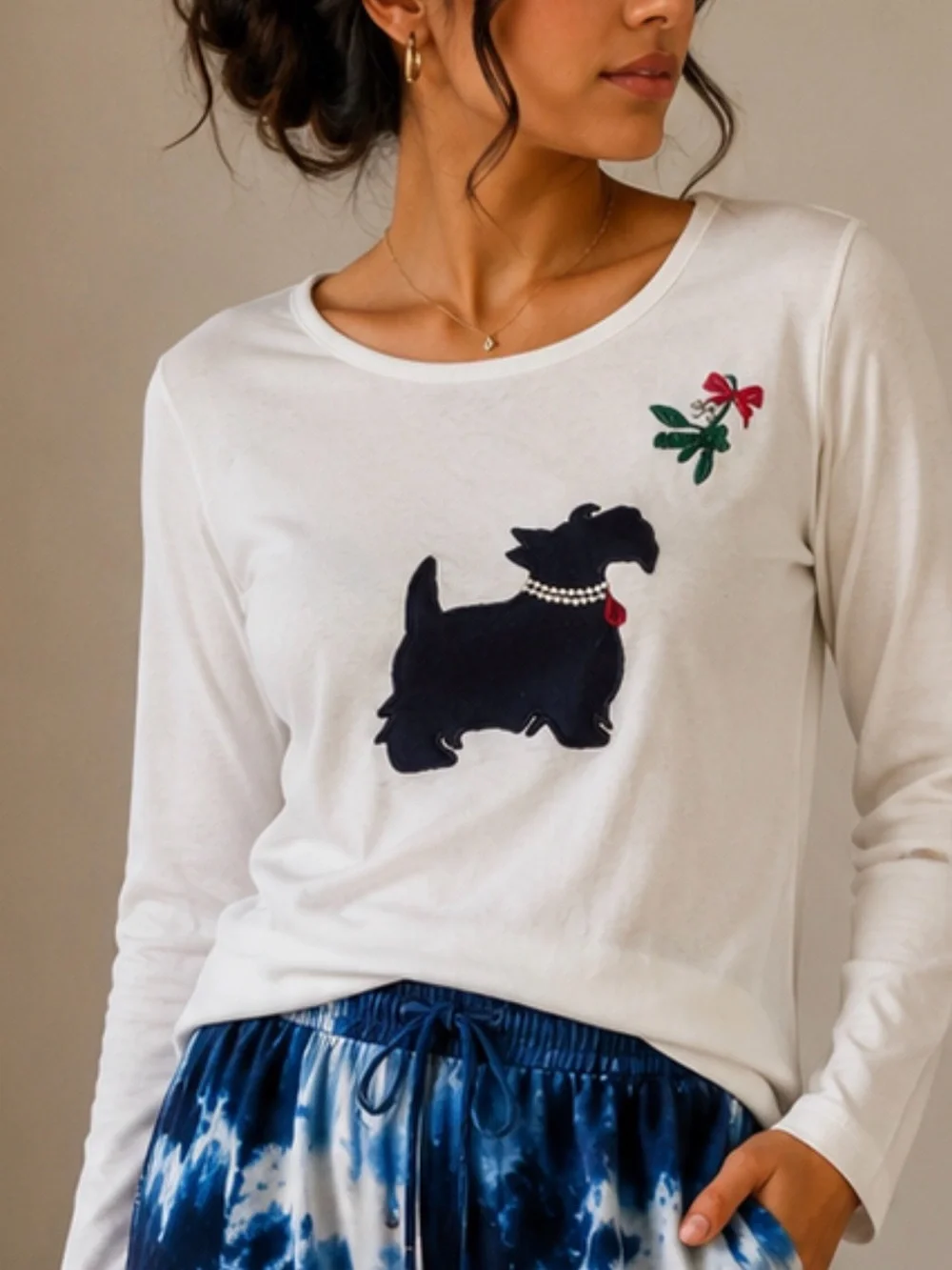 Karen Scott White Long-Sleeve Tee with Navy Scottie and Red Accent